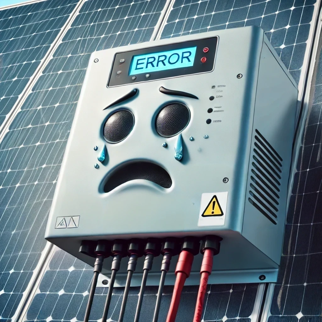 DALL·E-2024-09-02-10.16.42-A-realistic-image-focusing-on-a-solar-inverter-that-is-showing-clear-signs-of-malfunction-with-complete-and-straight-wiring-extending-from-the-invert